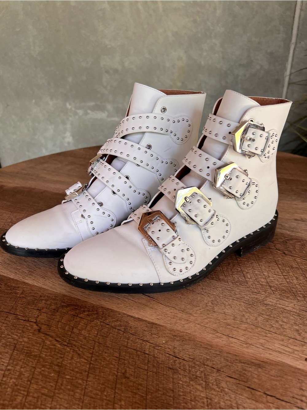 GIVENCHY Pure White Studded Leather Buckle Ankle Boots - EU 38